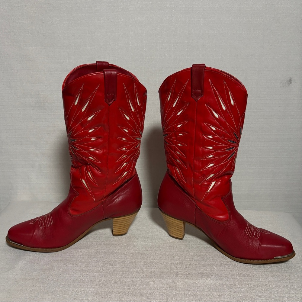 VTG DINGO Outwest Leather RED Inlay Coastal Cowgirl Boots 6.5 line dancing READ! - Picture 2 of 13